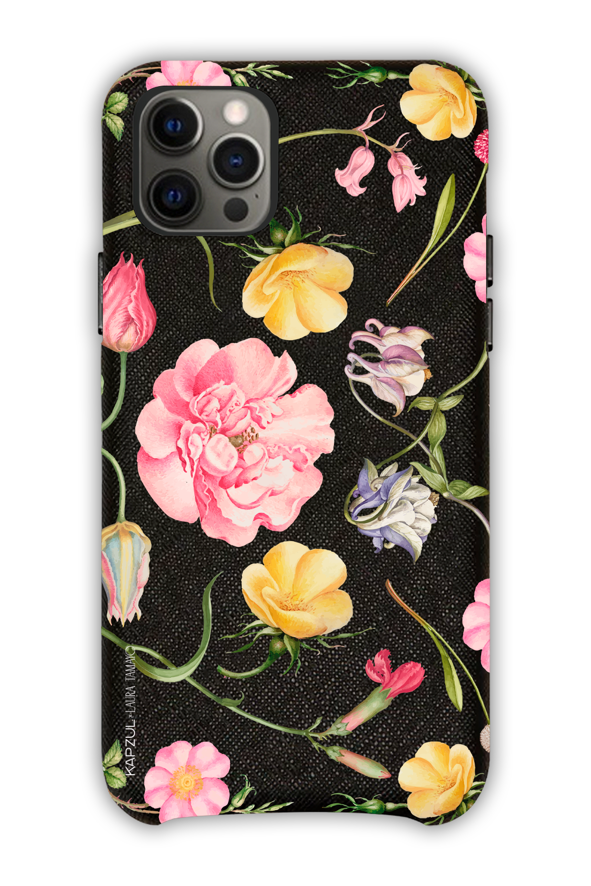 Black - Full Design – Flower Case - iPhone 12 Pro - Leather Case